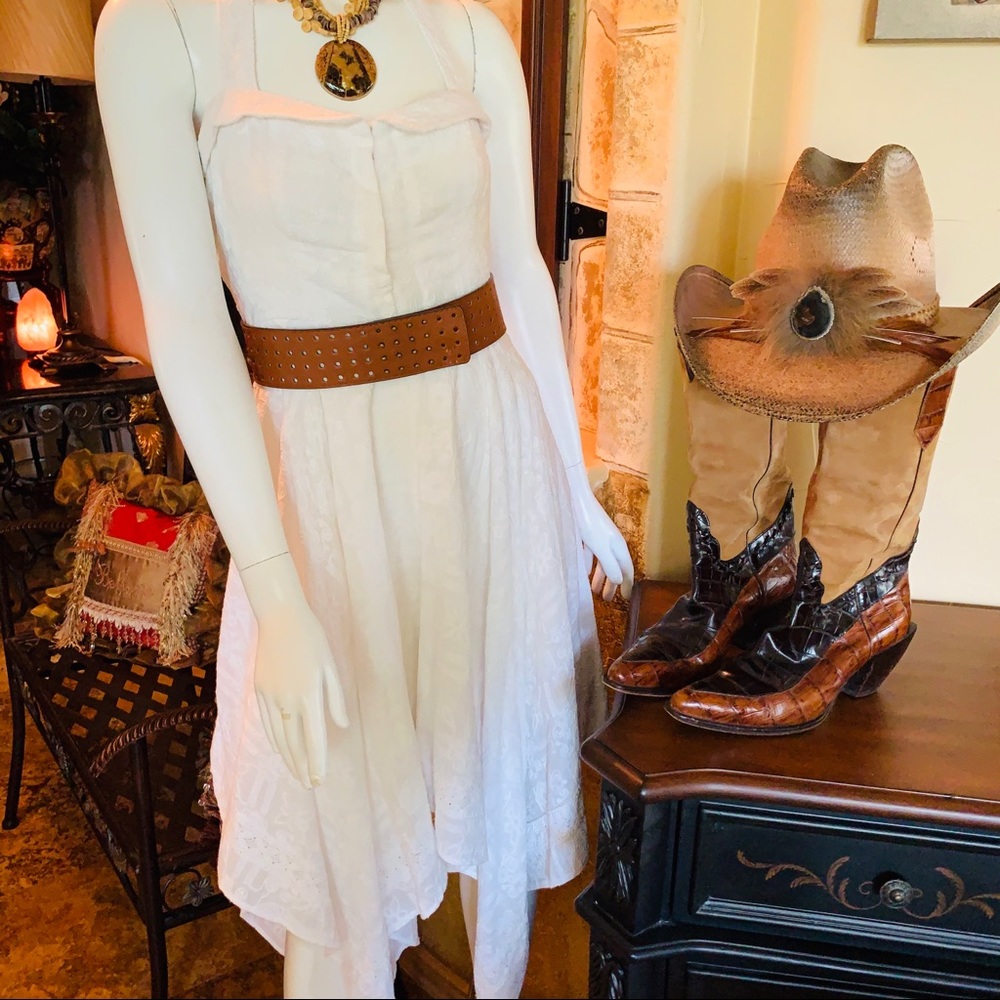 Asymmetrical White Summer Dress with Brown Waist Belt